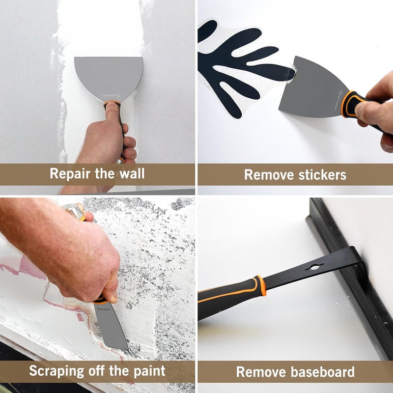 Rolling Dog 5 PC Drywall Repair Knife Set - Include Putty Knife Needed for Drywall Work (1.5" Stiff Blade Scraper, 1.5" Pry Bar, 14-1 Mutil Painter's tool,3" and 6" Flexible Putty Knife) - Image 5